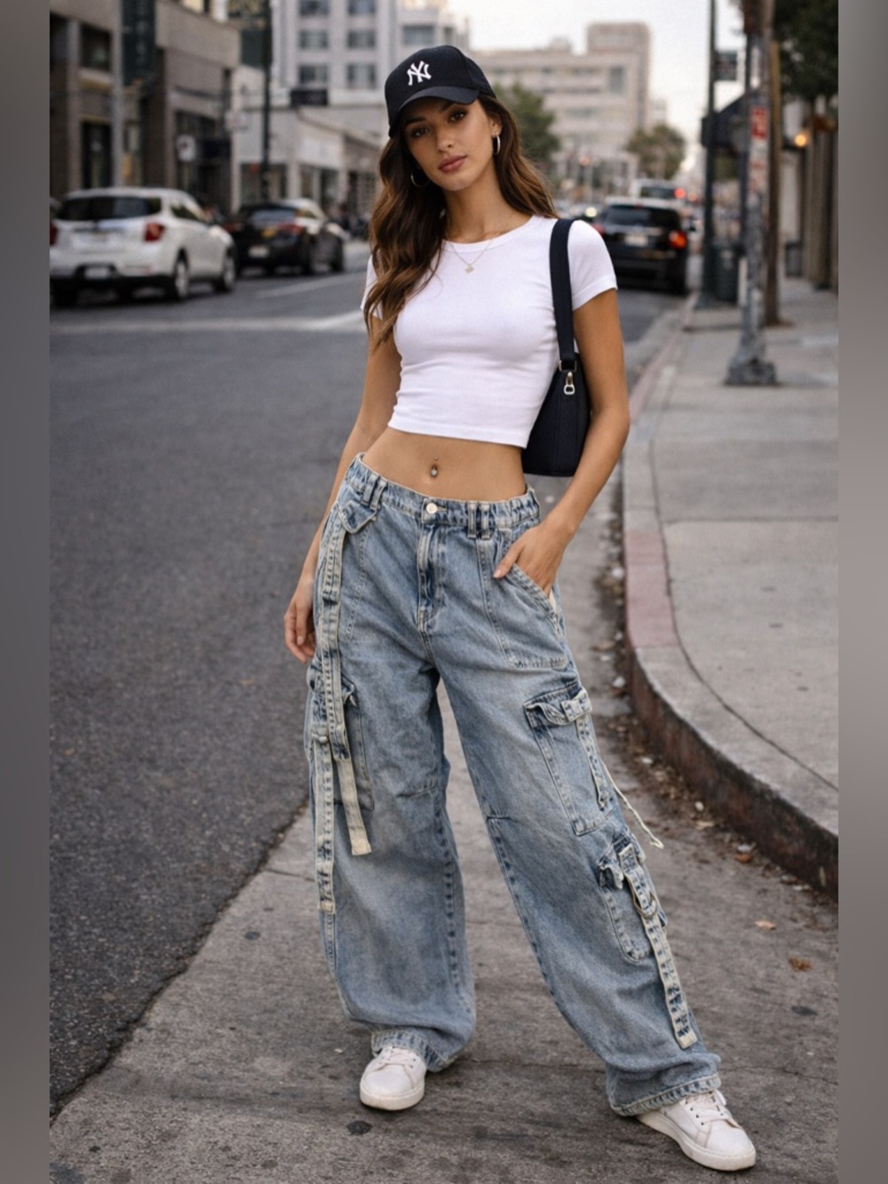 BDG Light Blue Boyfriend Cargo Jeans with Strap Details Size 28W